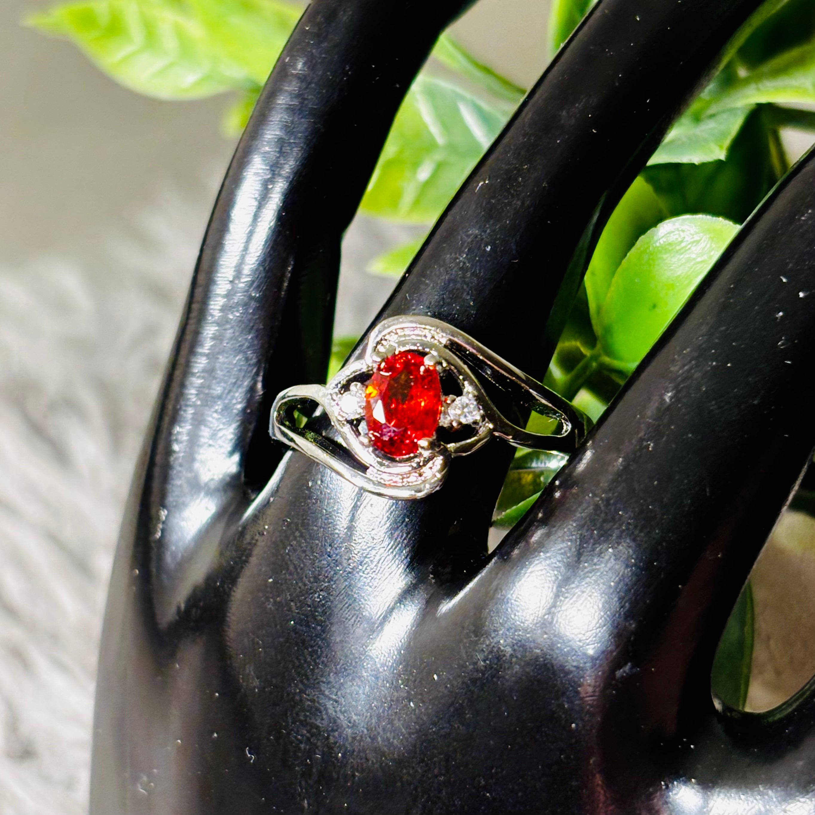 Red Oval Stone Slivertone Ring