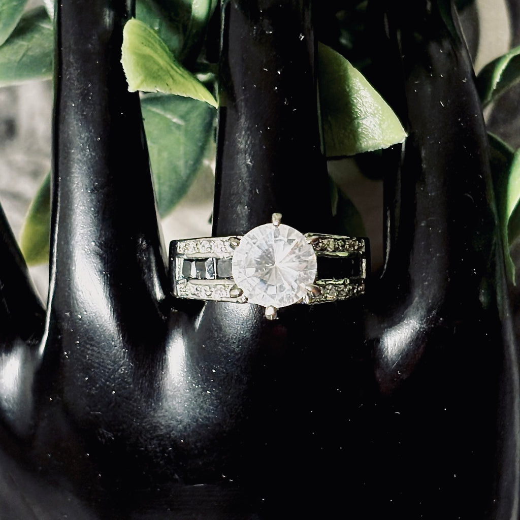 Round CZ with Black Onyx Slivertone Ring