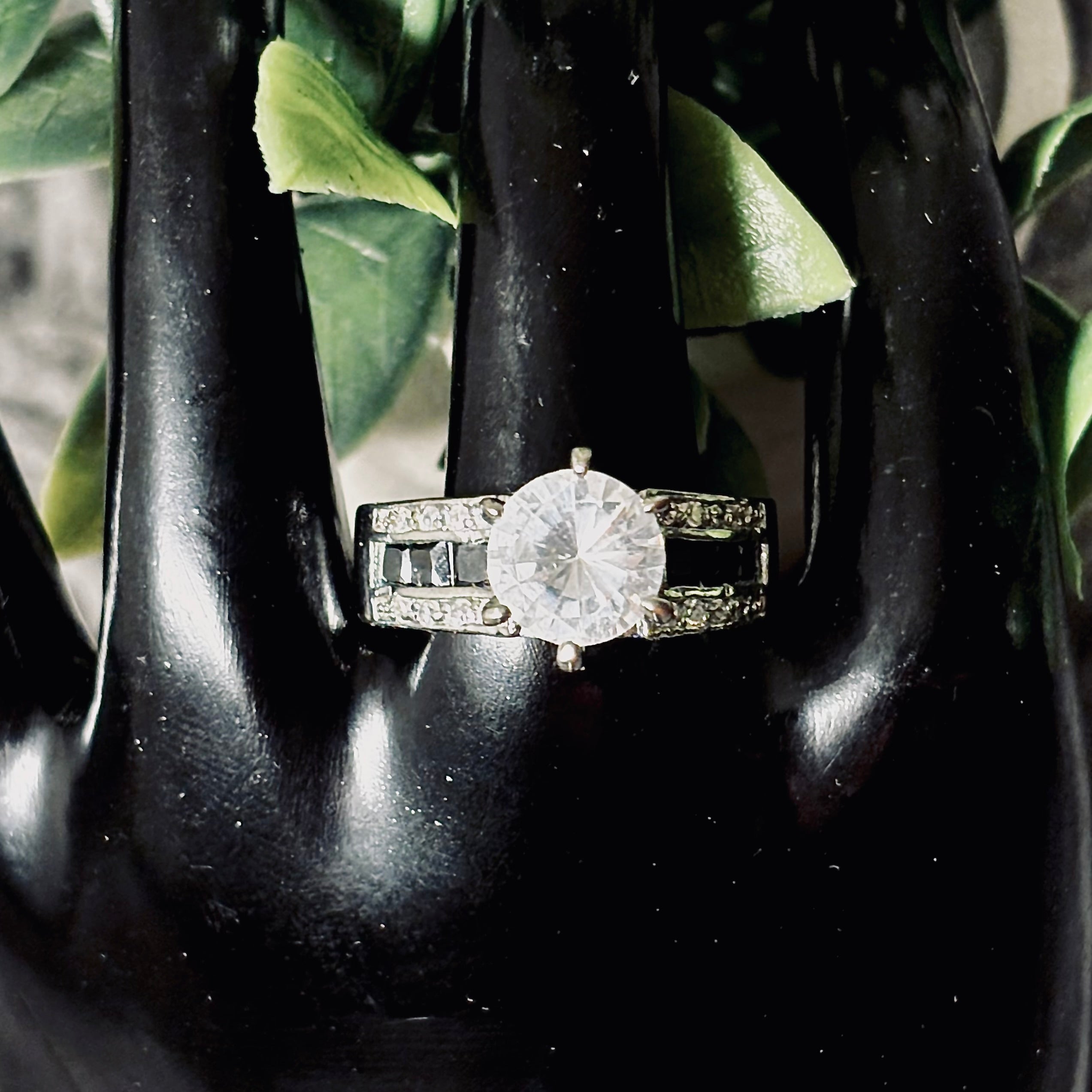Round CZ with Black Onyx Slivertone Ring