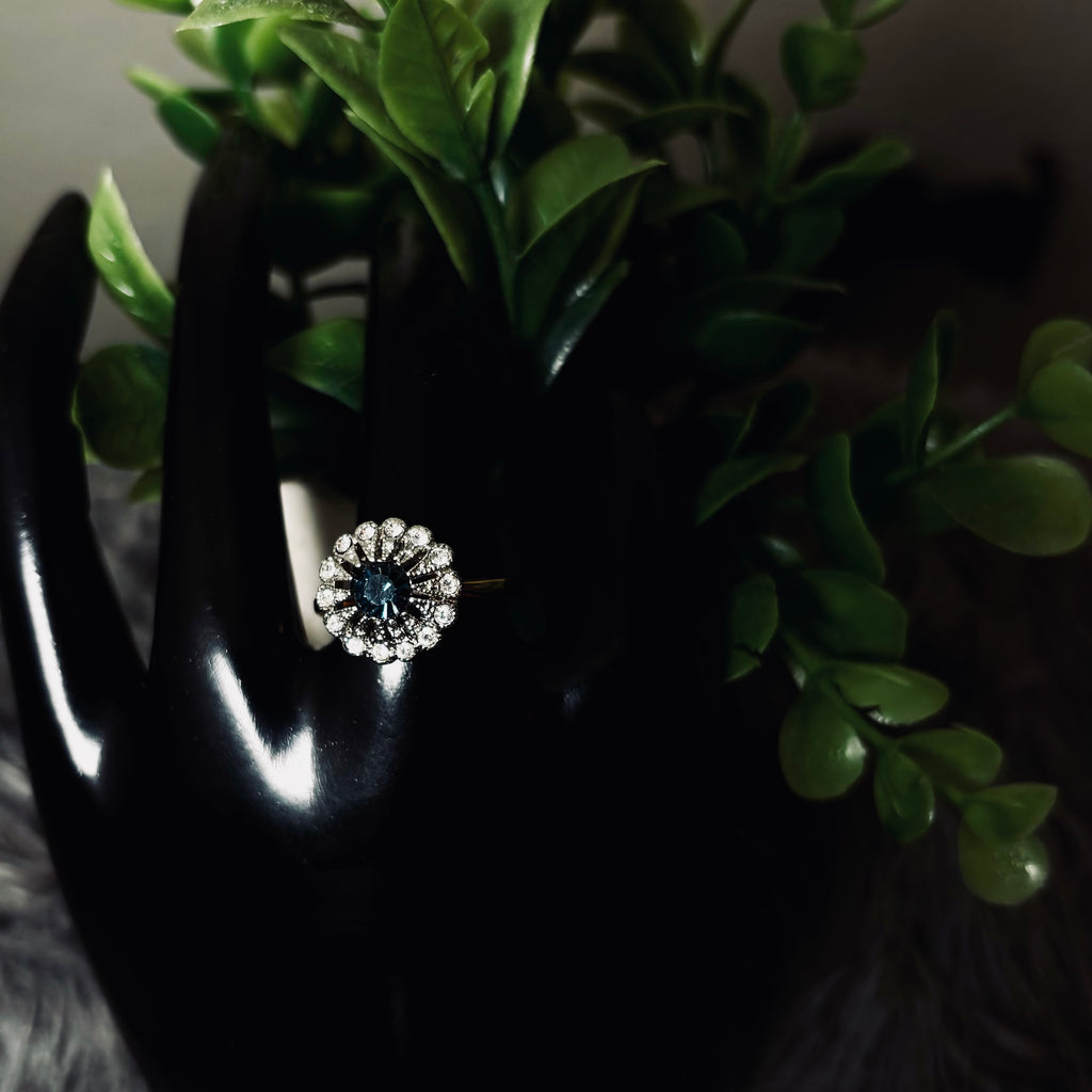 Blue Topaz Halo Goldtone Ring
